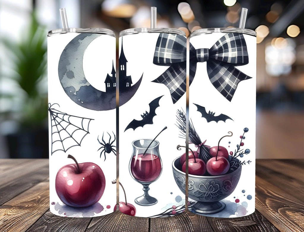 Gothic Halloween Watercolor Tumbler | Haunted Castle, Bats, Plaid Bow (20oz)