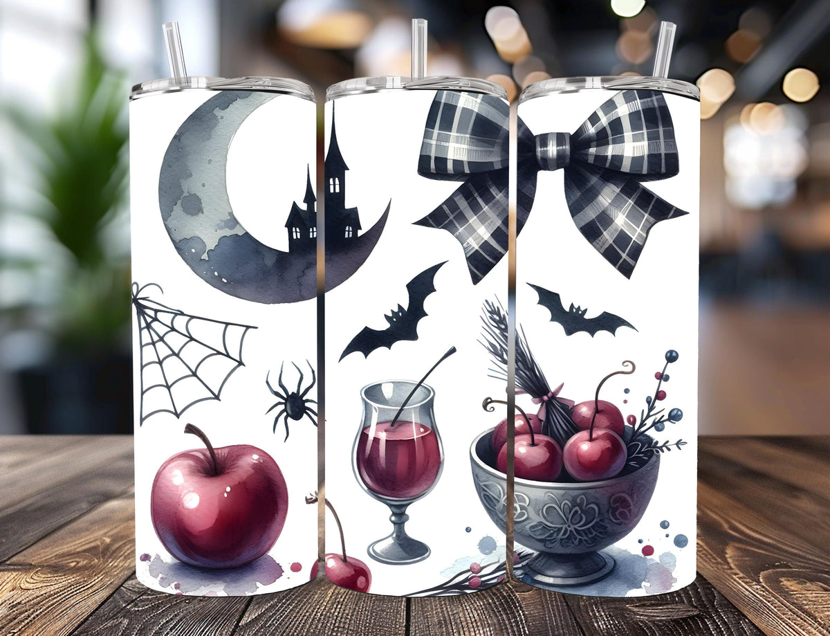 Gothic Halloween Watercolor Tumbler | Haunted Castle, Bats, Plaid Bow (20oz)