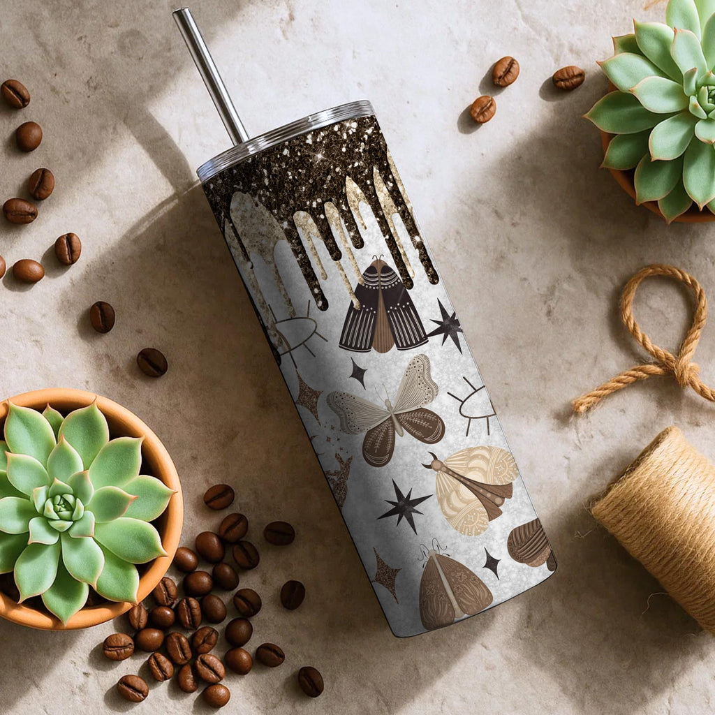 Cottagegoth Moth Travel Mug | Black Gold Glitter Drip, Dark Academia Gift (20oz)