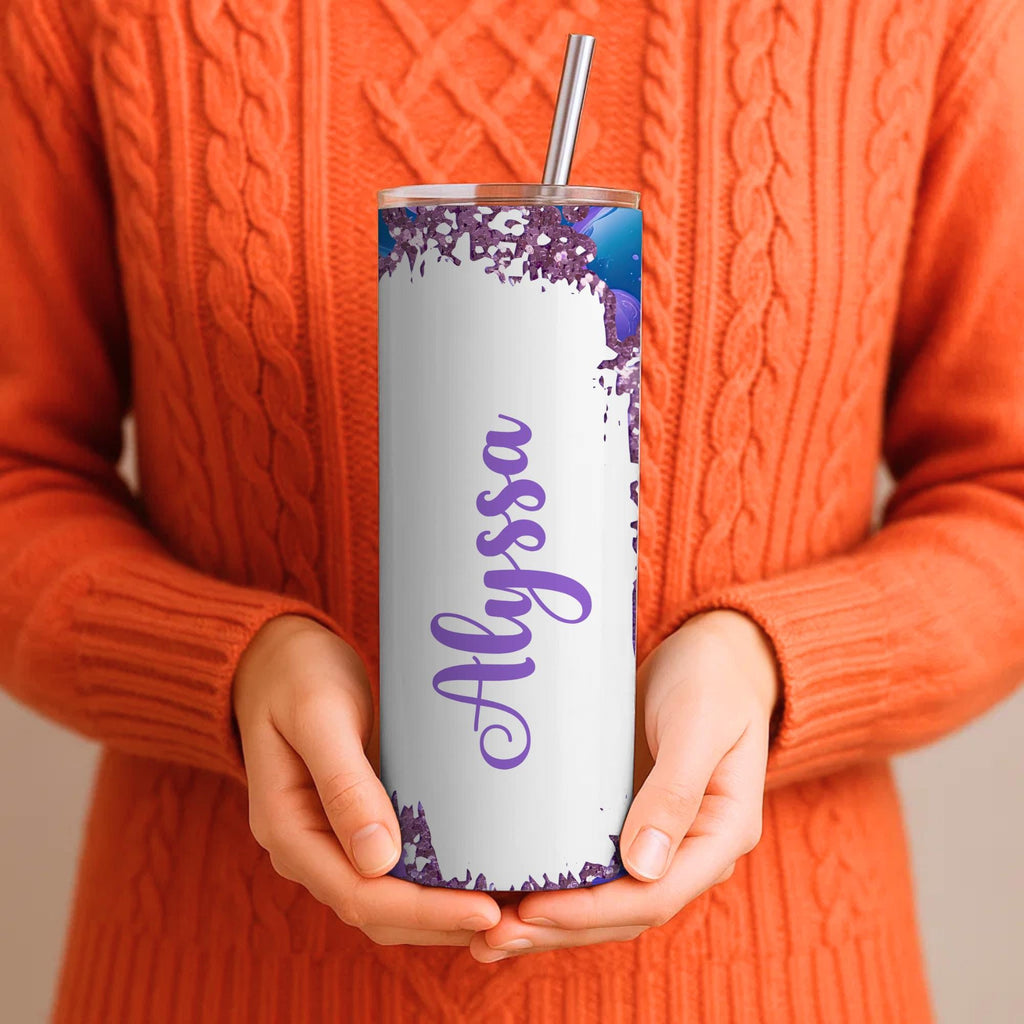 Personalized 3D Bubble Tumbler | Purple Teal Geode Glitter Skinny Mug (20oz)
