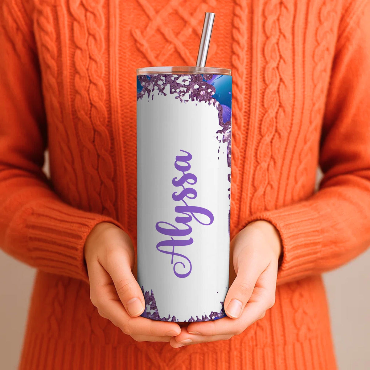 Personalized 3D Bubble Tumbler | Purple Teal Geode Glitter Skinny Mug (20oz)