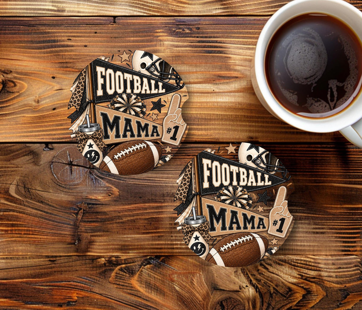 Football Mama Neoprene Car Coasters | Leopard Print Sports Cup Holder Mats (2-Pack)