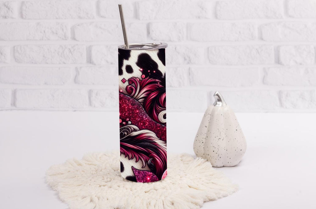 Magenta Glitter Floral Cow Print 20oz Skinny Tumbler