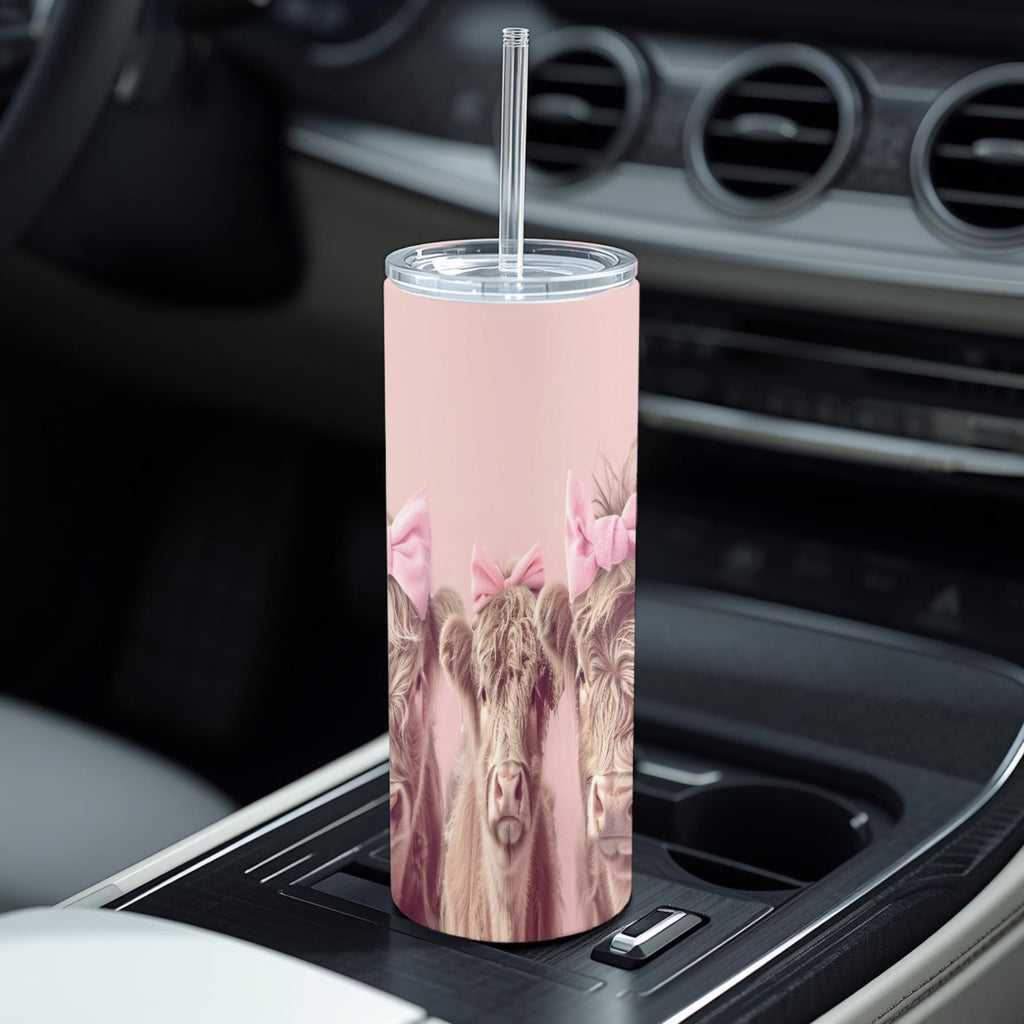 Coquette Highland Cow Skinny Tumbler | Pink Bow Baby Calf Travel Mug (20oz)
