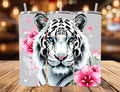 White Tiger Floral Skinny Tumbler | 20oz Travel Mug, Pink Hibiscus, Blue Eyes
