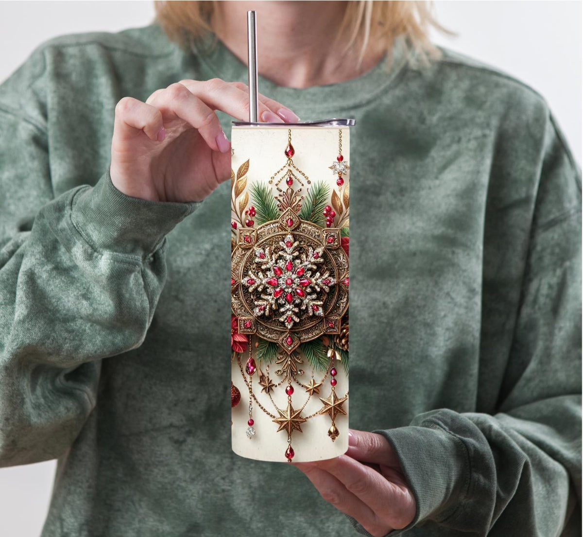 Luxury Jeweled Snowflake 20oz Skinny Tumbler Poinsettia Travel Mug