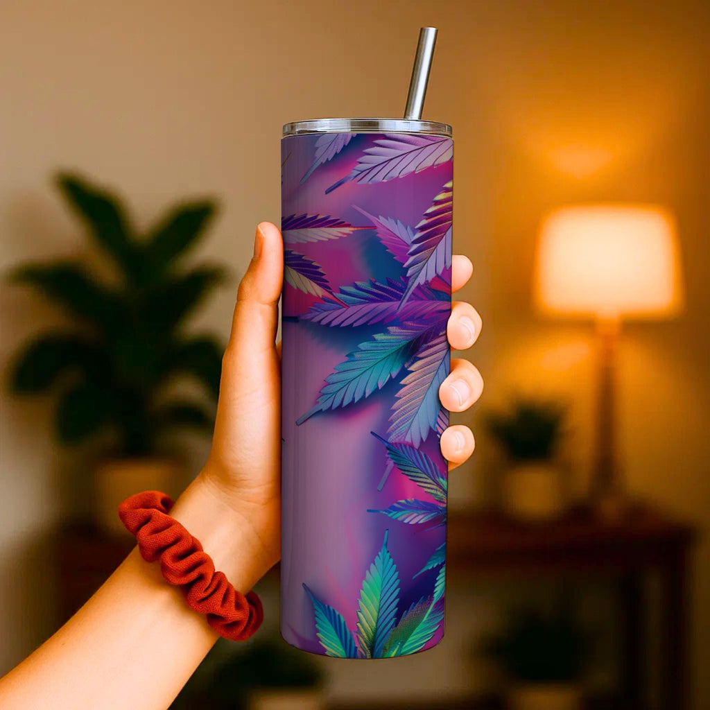 Vibrant Cannabis Leaf 20oz Skinny Tumbler | Ready to Ship Psychedelic Travel Mug | Pink Purple Stoner Insulated Stainless Steel Cup Gift