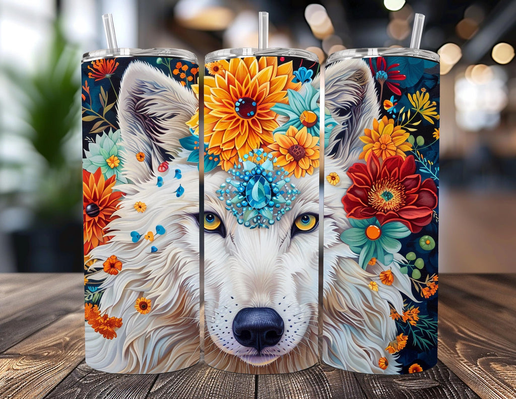 Arctic Wolf Sublimation Tumbler | Floral Design, 20oz Stainless Steel Insulated Cup