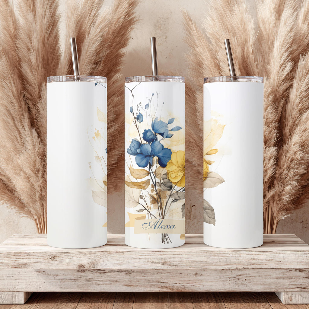 Personalized Bridesmaid Tumbler | Royal Blue Watercolor Flowers (20oz Skinny Mug)