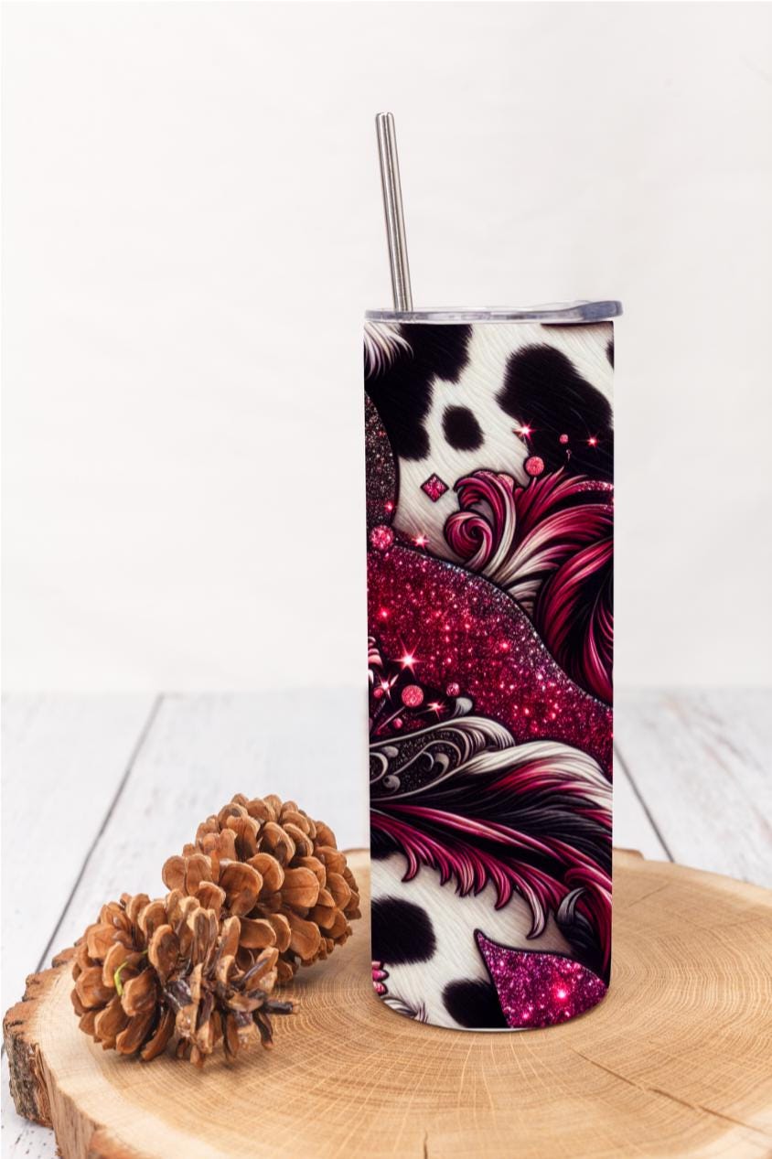 Magenta Glitter Floral Cow Print 20oz Skinny Tumbler