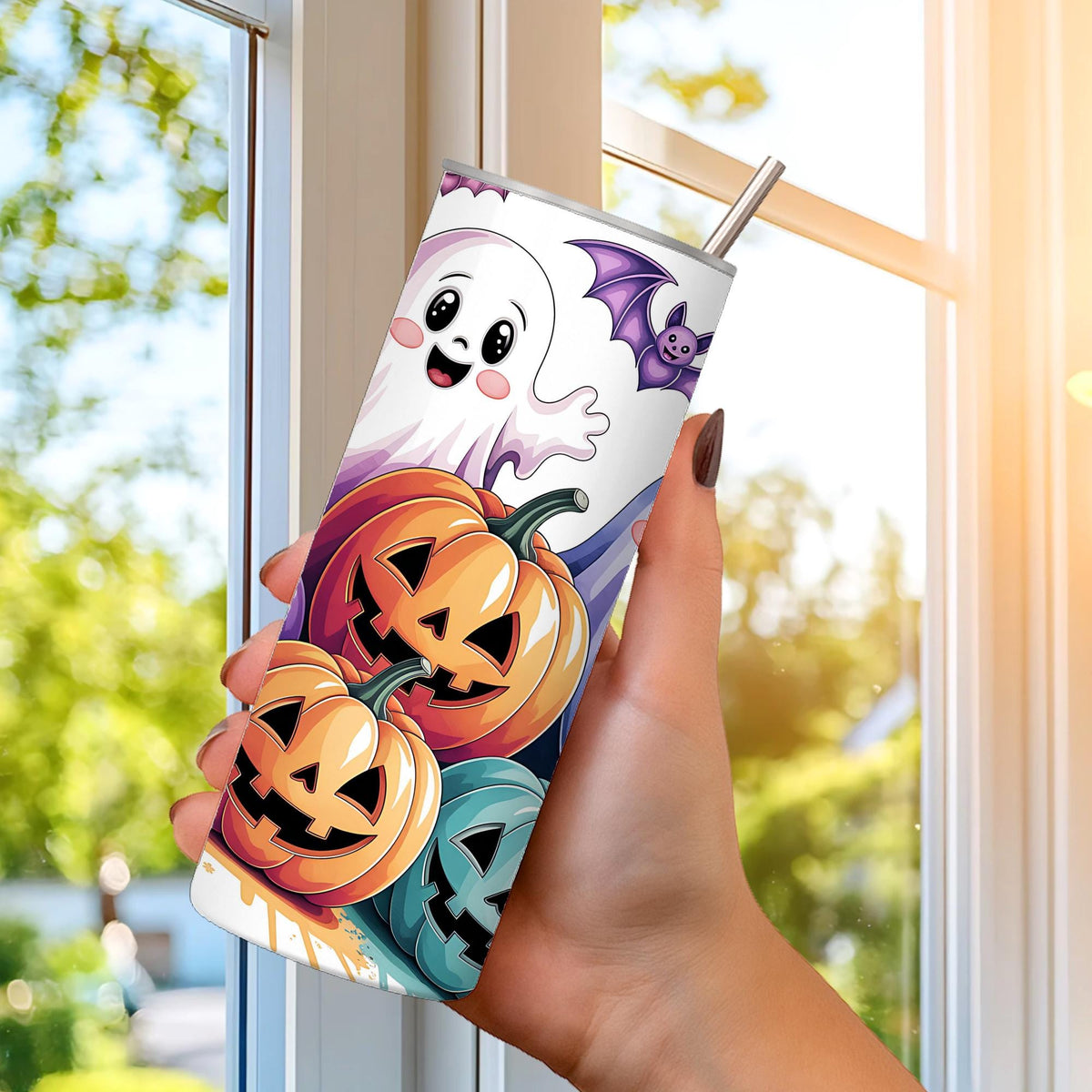 Halloween Ghosts Pumpkins Tumbler, Spooky Season Travel Mug with Lid, Stainless Steel Insulated Cup