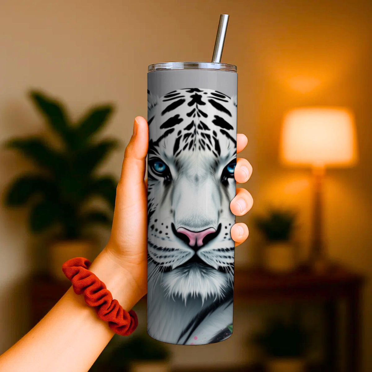 White Tiger Floral Skinny Tumbler | 20oz Travel Mug, Pink Hibiscus, Blue Eyes