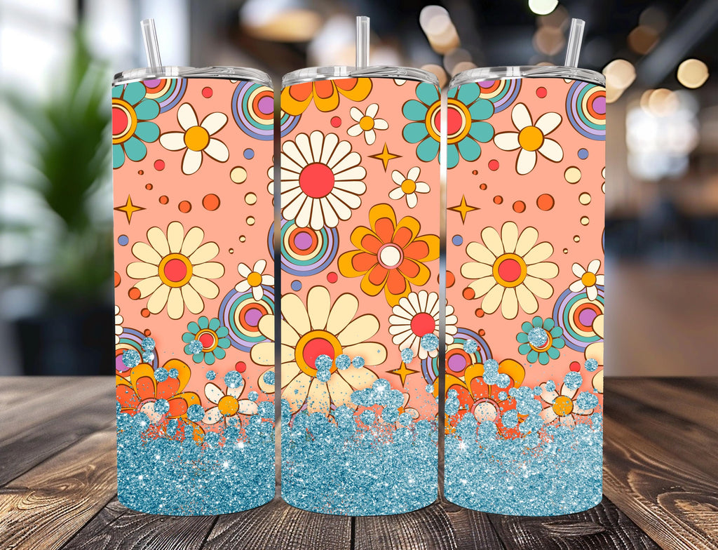 Retro 70s Daisy Flower Power Tumbler | Rainbow Swirls, Teal Glitter (20oz)