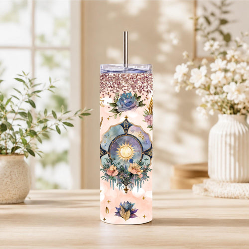 Celestial Sun Moon Mandala Tumbler | Rose Gold Glitter Travel Mug (20oz)