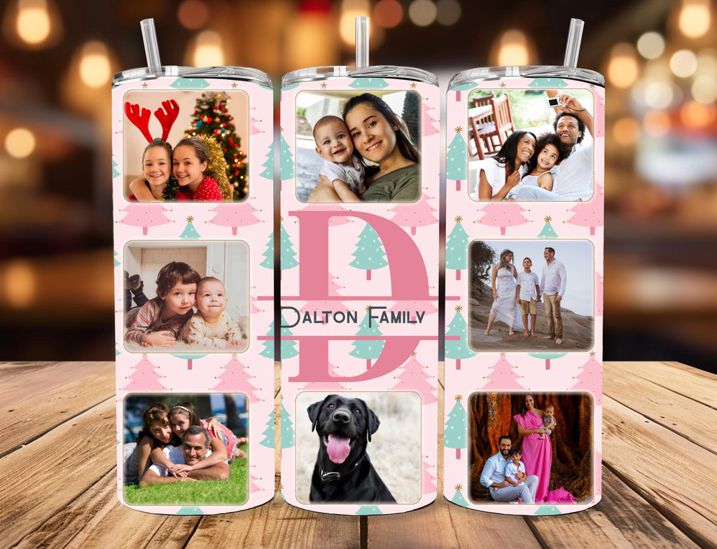 Personalized Family Photo Tumbler | 20oz Skinny Travel Mug with Split Monogram