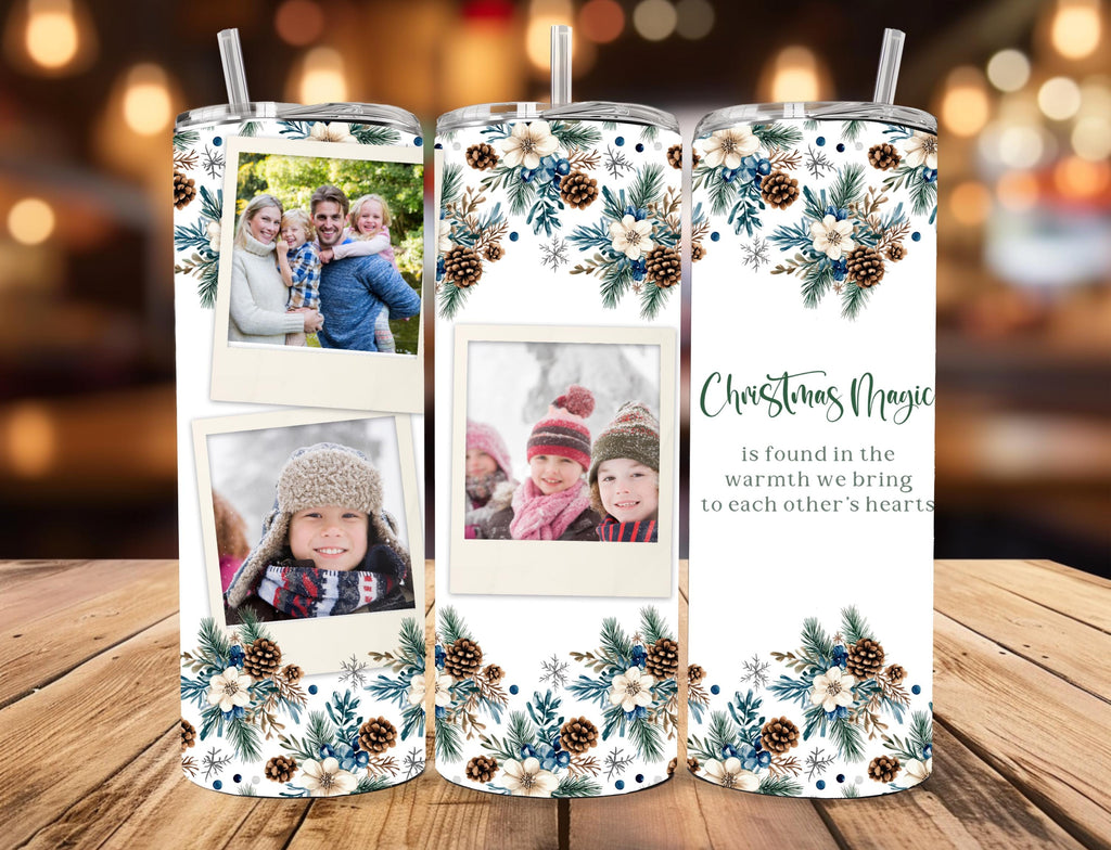 Personalized Polaroid Photo Tumbler | Winter Botanical Holiday Beverage Holder (20oz)