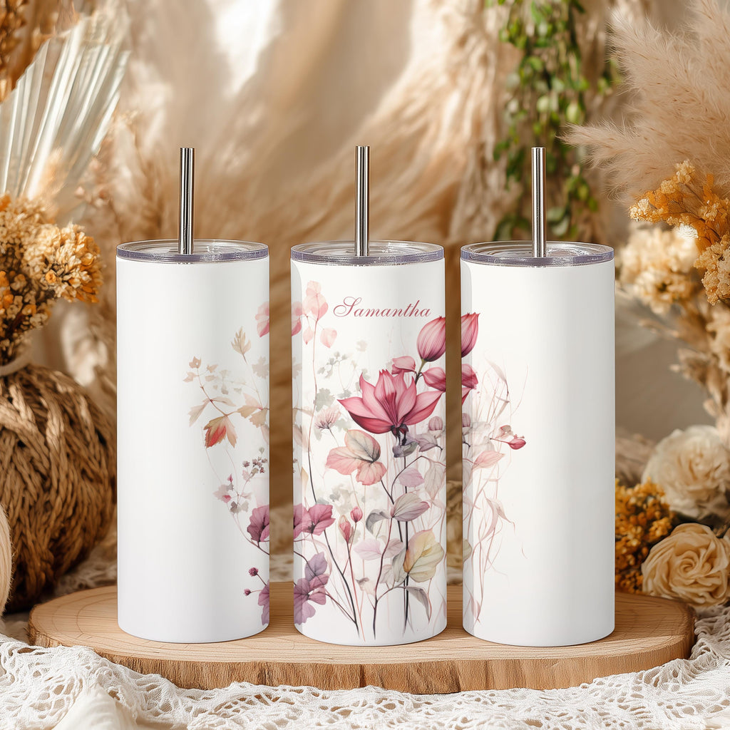Personalized Wildflower Tumbler | Custom Name, 20oz Skinny Travel Mug (Dusty Pink Watercolor)