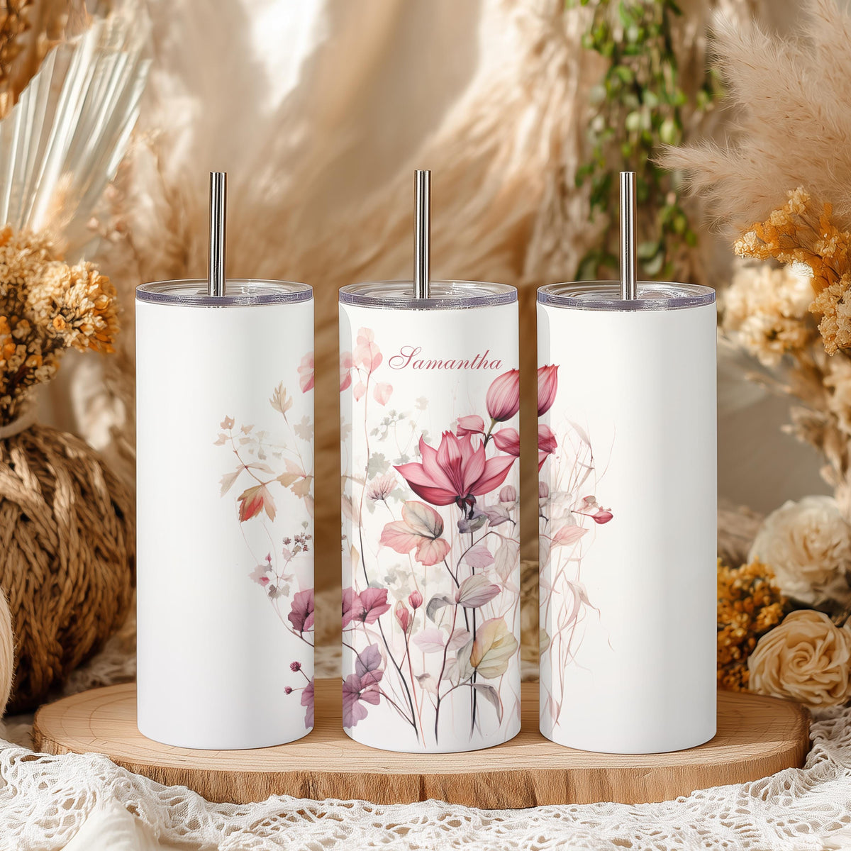 Personalized Wildflower Tumbler | Custom Name, 20oz Skinny Travel Mug (Dusty Pink Watercolor)