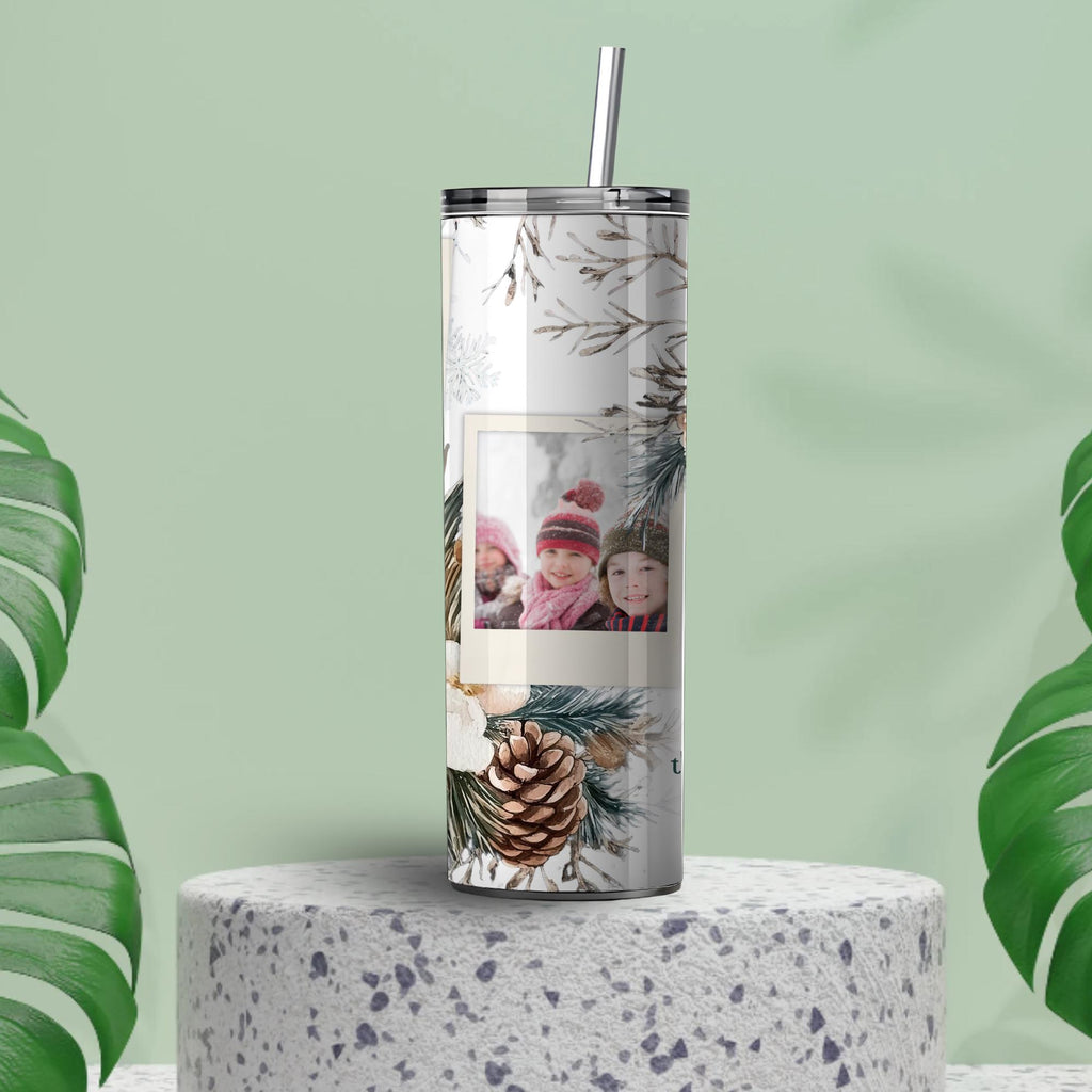 Personalized Polaroid Photo Tumbler | Winter Botanical Holiday Beverage Holder (20oz)