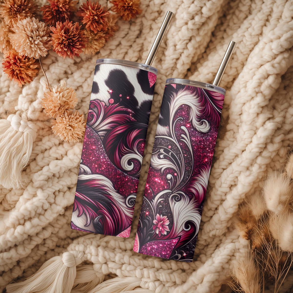 Magenta Glitter Floral Cow Print 20oz Skinny Tumbler