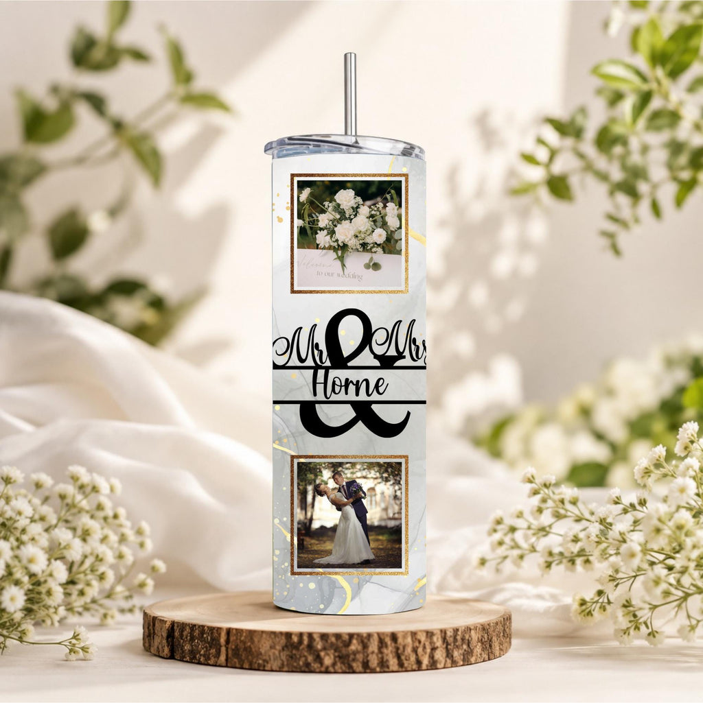 Personalized Wedding Photo Tumbler | Custom Collage, Monogram (20oz)