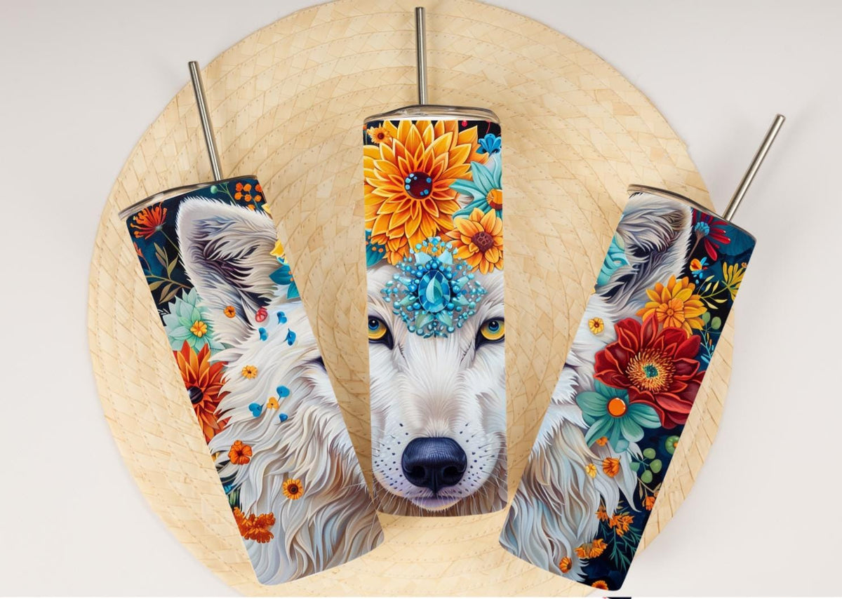Arctic Wolf Sublimation Tumbler | Floral Design, 20oz Stainless Steel Insulated Cup