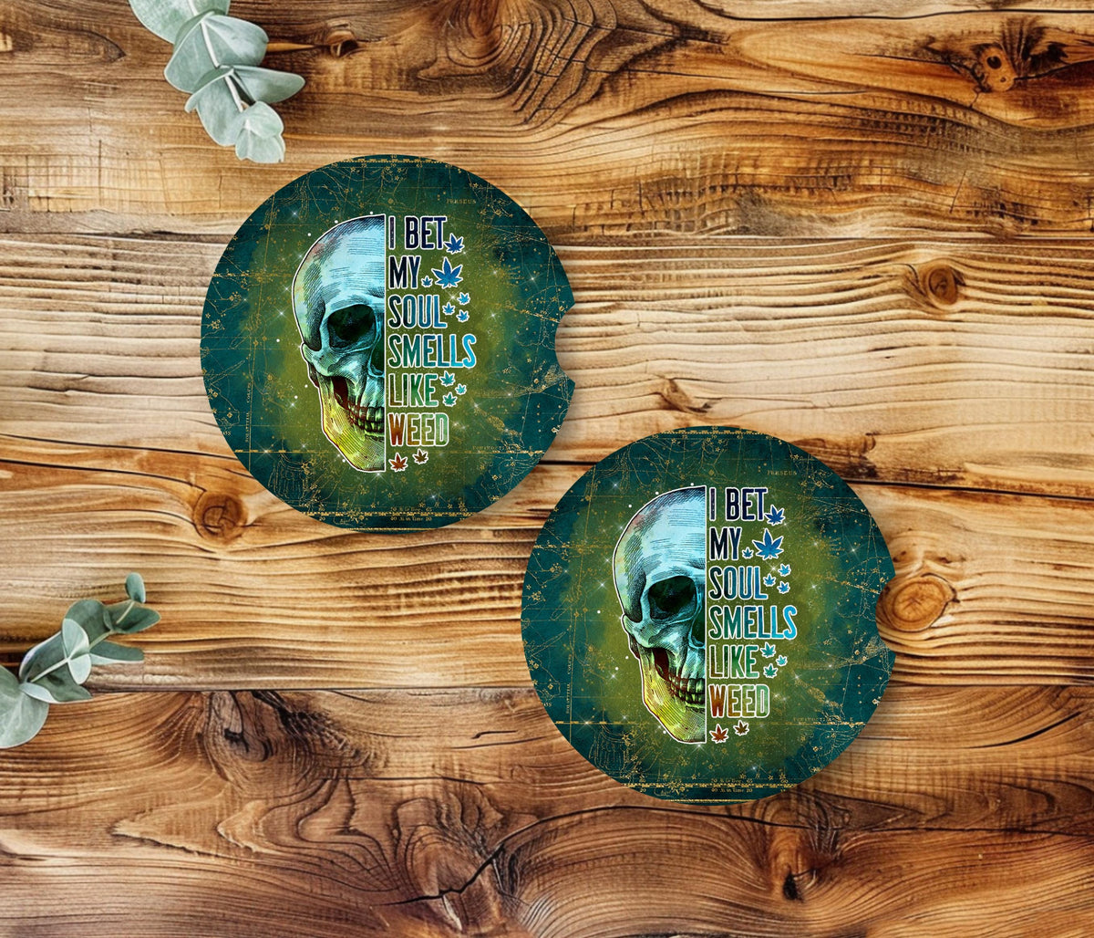 Funny Cannabis Skull Neoprene Car Coasters 2-Pack | Ready to Ship Soul Smells Like Weed Cup Holder Mats | Edgy Stoner Vehicle Accessories Gi