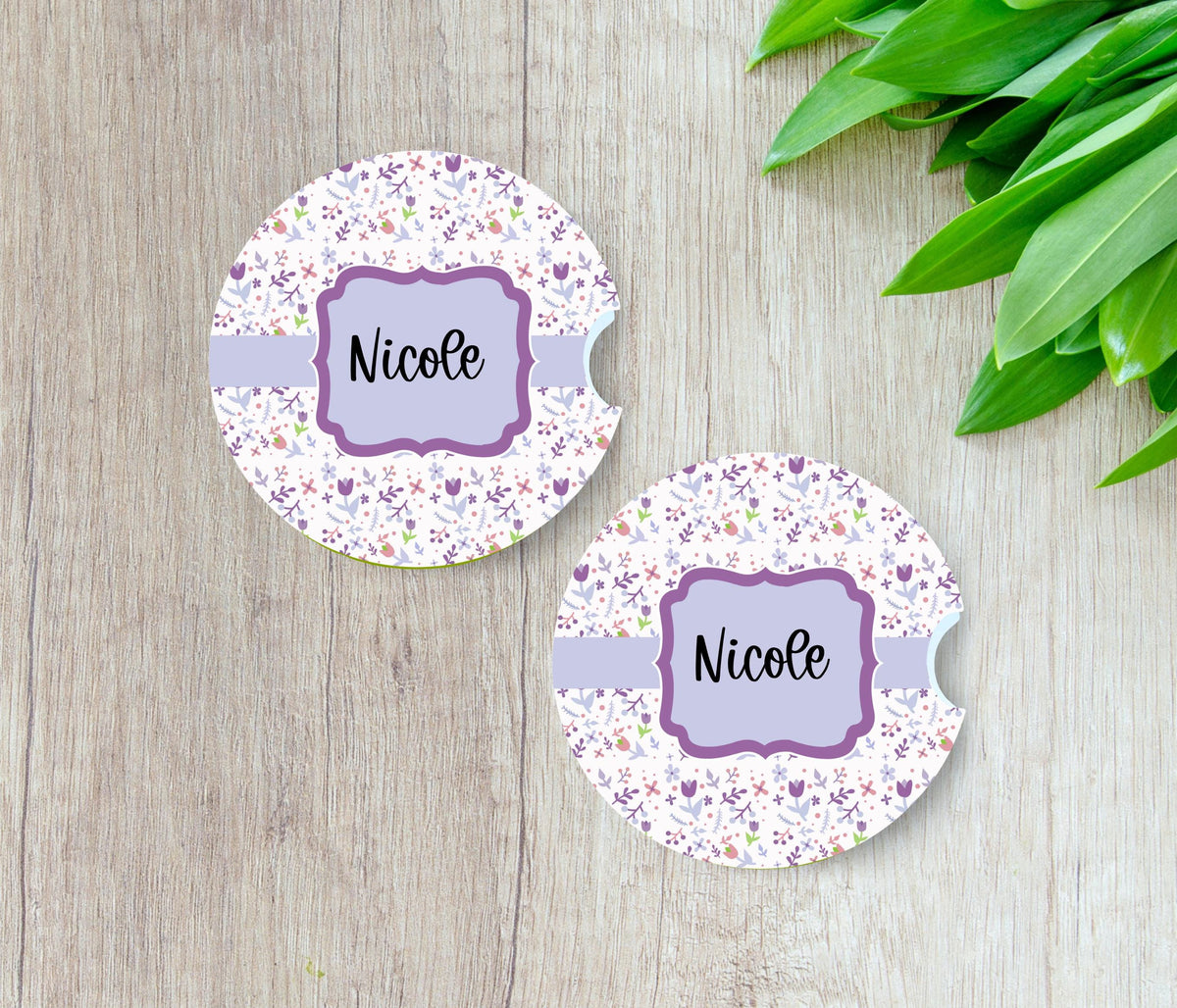 Personalized Floral Car Coasters 2 PackCustom Name Purple Wildflower Cup Holder Mats