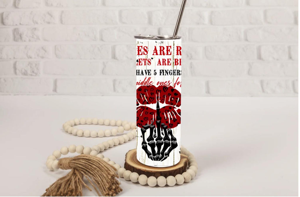 Sarcastic Roses Are Red 20oz Skinny Tumbler | Edgy Skeleton Lips Travel Mug
