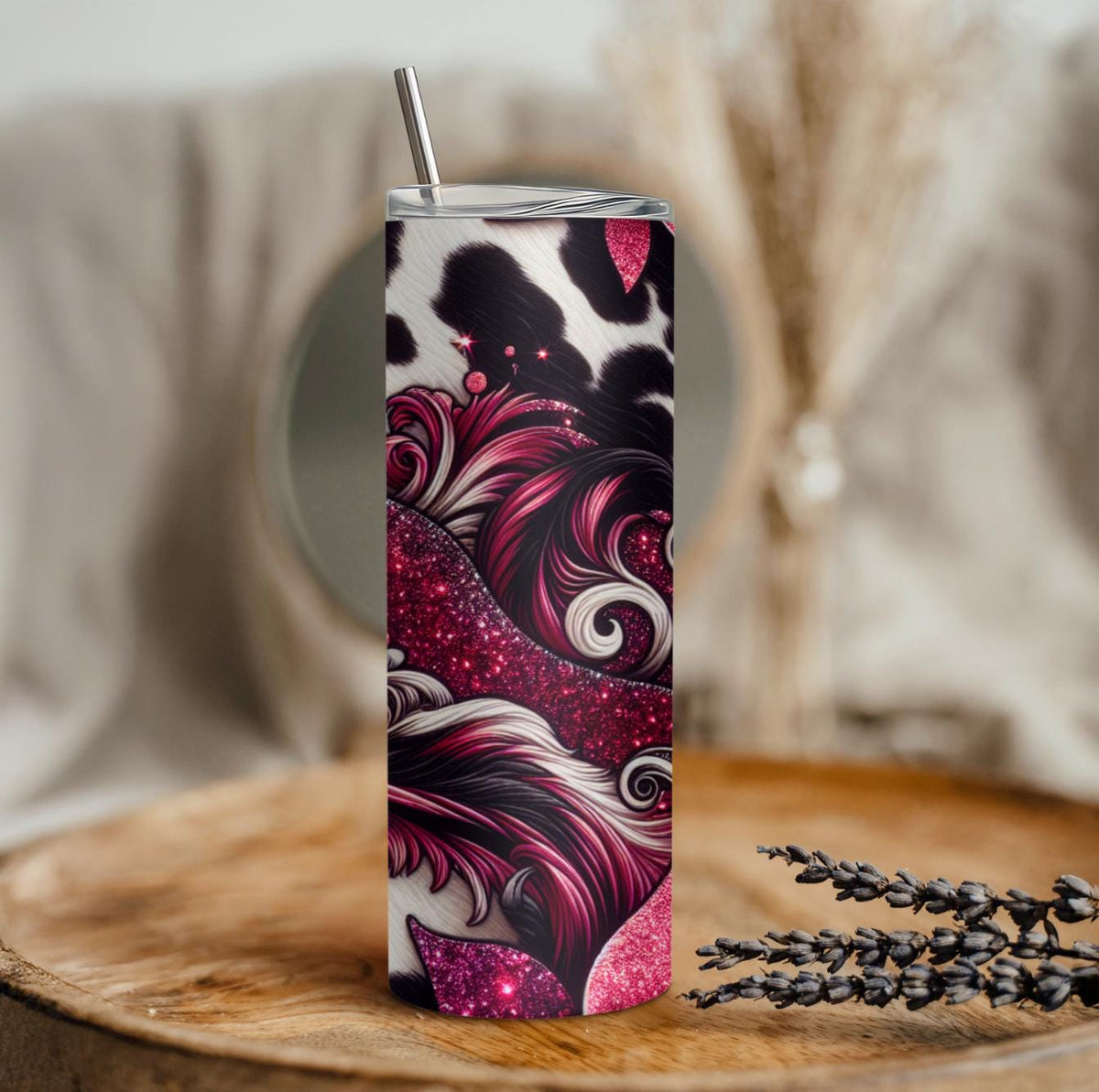 Magenta Glitter Floral Cow Print 20oz Skinny Tumbler