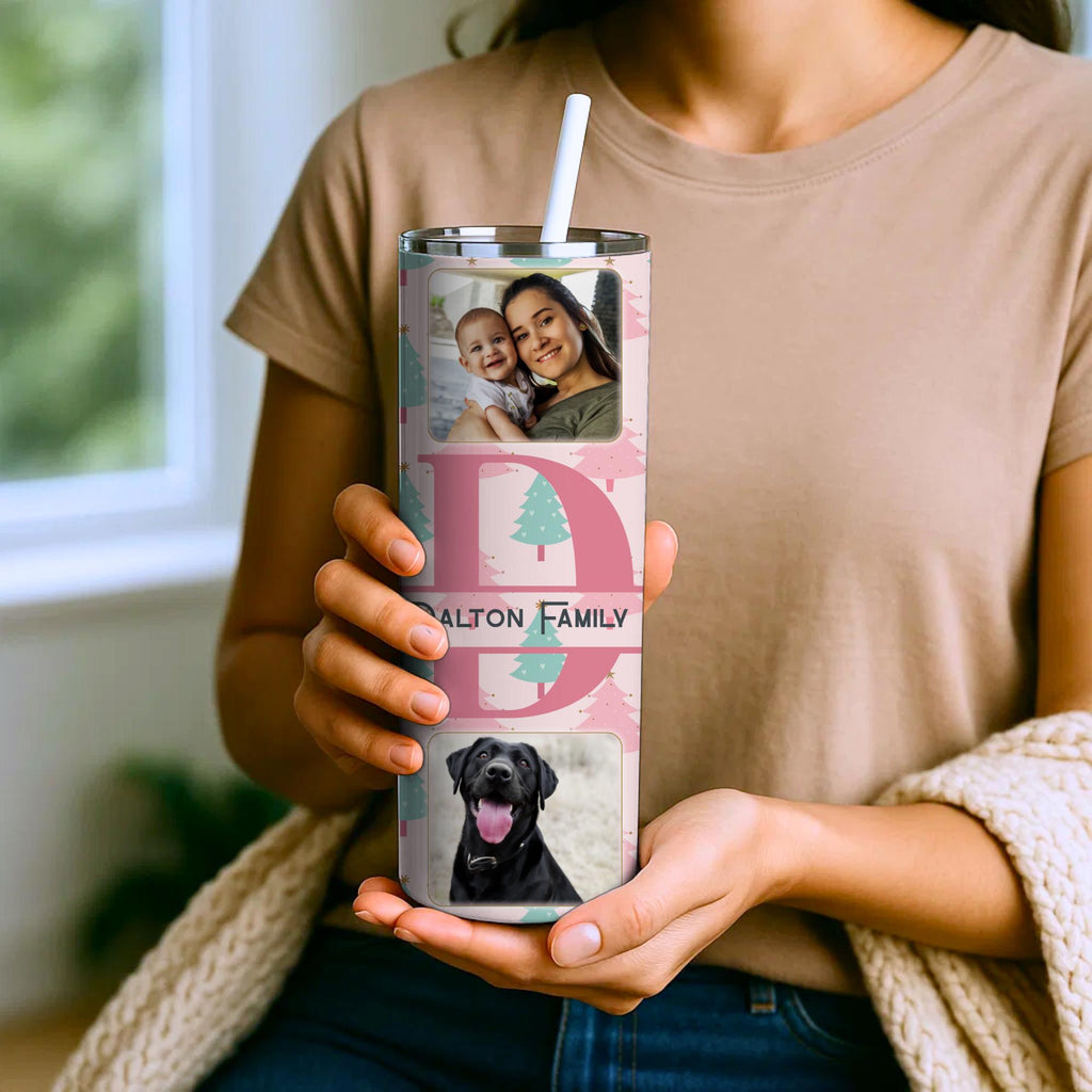 Personalized Family Photo Tumbler | 20oz Skinny Travel Mug with Split Monogram