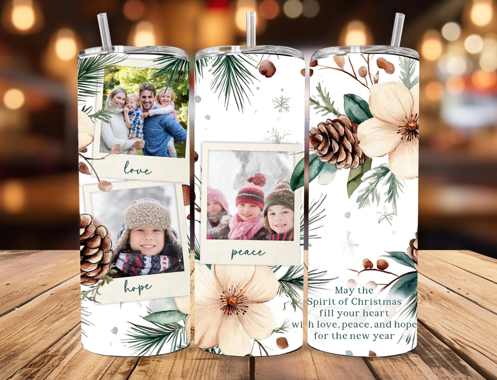 Personalized Polaroid Photo Tumbler | Winter Botanical Holiday Beverage Holder (20oz)