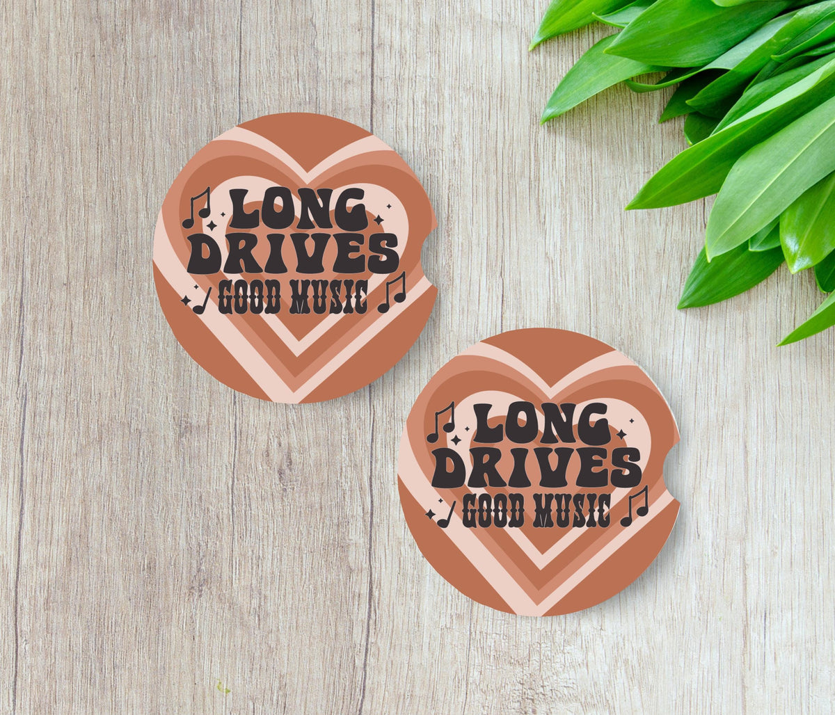 Retro 70s Car Coasters | Long Drives Good Music, Terracotta Boho Style (2 Pack)