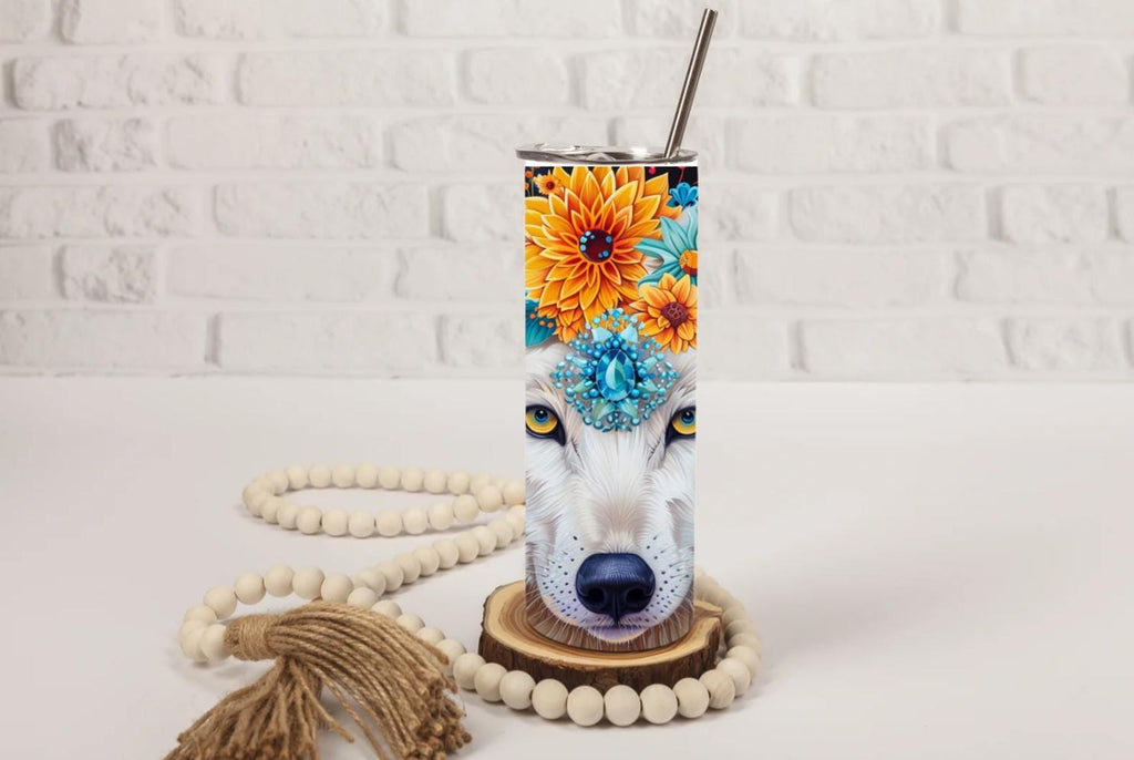 Arctic Wolf Sublimation Tumbler | Floral Design, 20oz Stainless Steel Insulated Cup