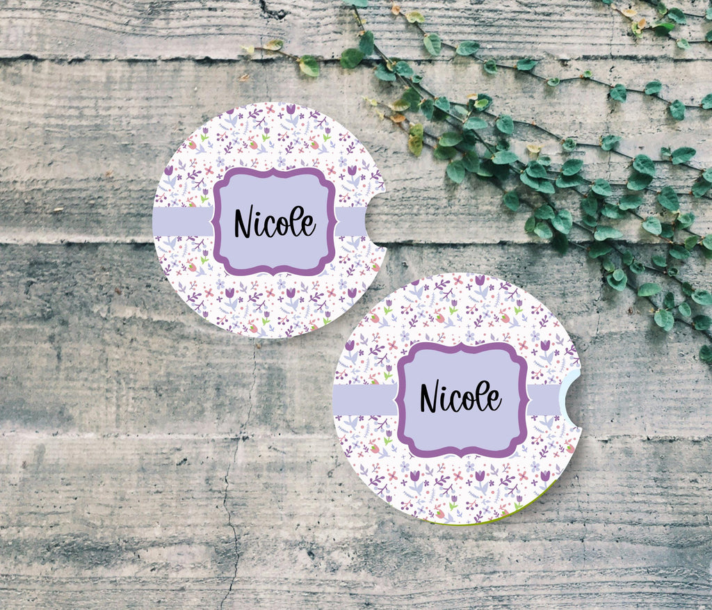 Personalized Floral Car Coasters 2 PackCustom Name Purple Wildflower Cup Holder Mats