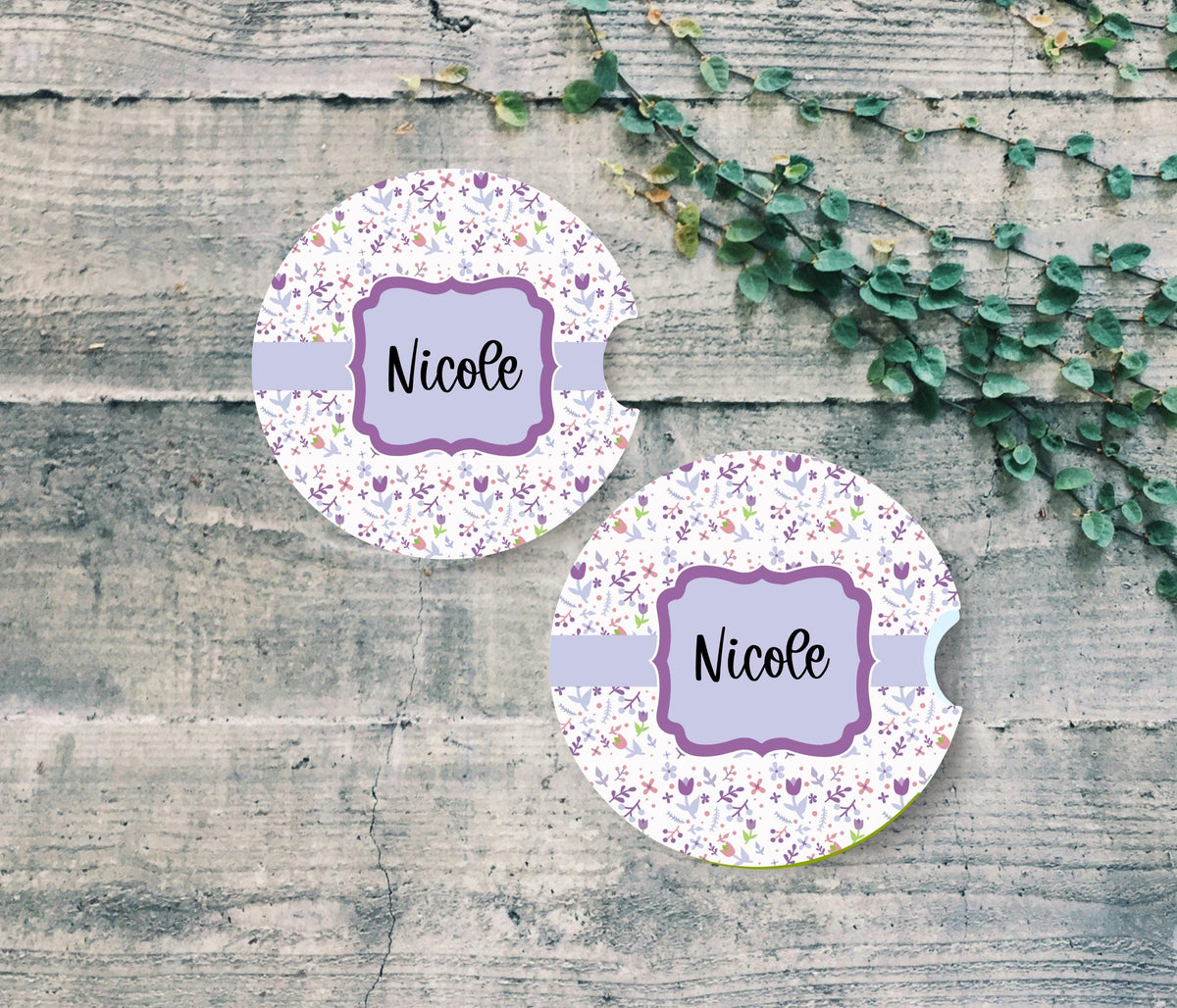Personalized Floral Car Coasters 2 PackCustom Name Purple Wildflower Cup Holder Mats