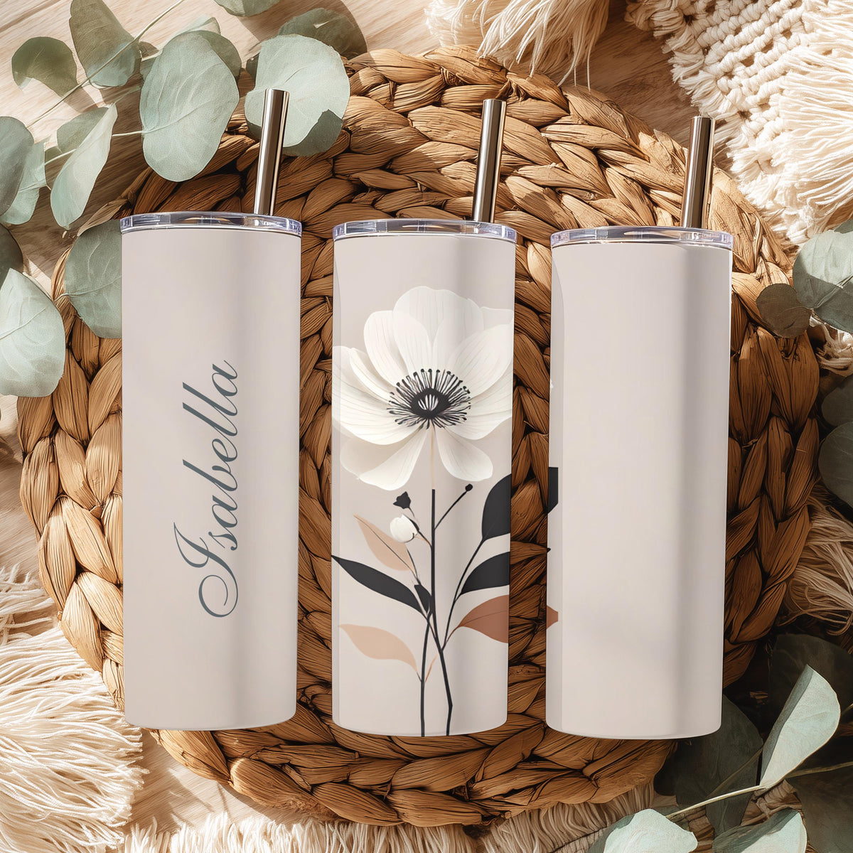 Personalized Terracotta Boho Skinny Tumbler | Floral Botanical Wedding Gift (20oz)