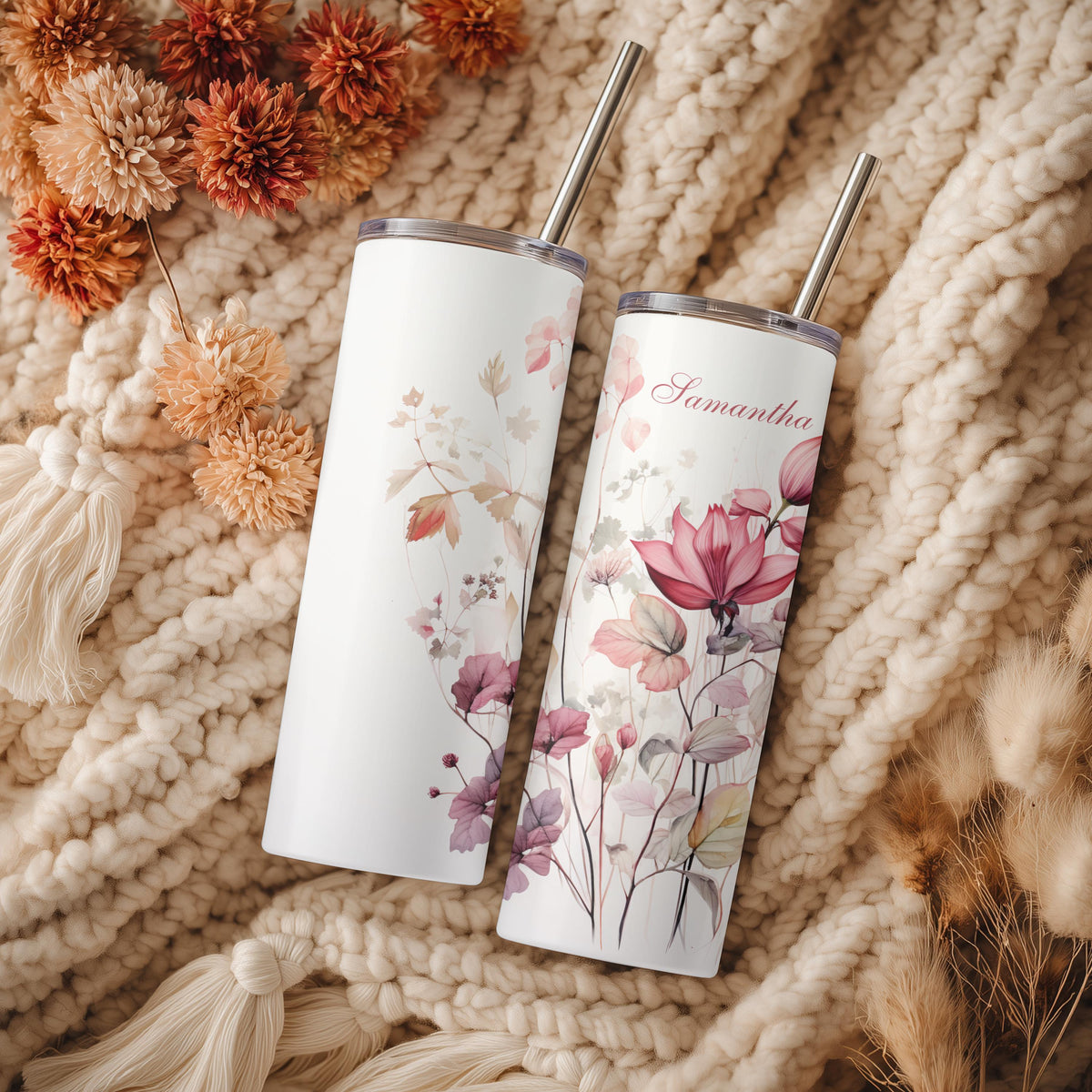 Personalized Wildflower Tumbler | Custom Name, 20oz Skinny Travel Mug (Dusty Pink Watercolor)