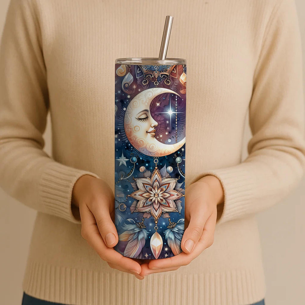 Celestial Moon Mandala Tumbler | 20oz Travel Mug, Boho Crystal Gift