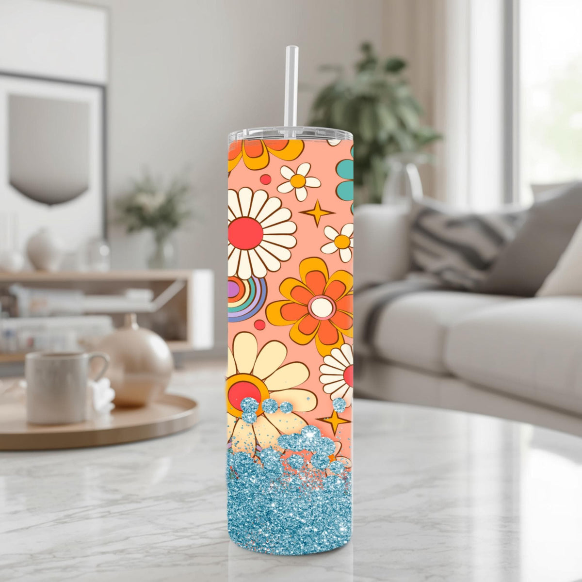 Retro 70s Daisy Flower Power Tumbler | Rainbow Swirls, Teal Glitter (20oz)