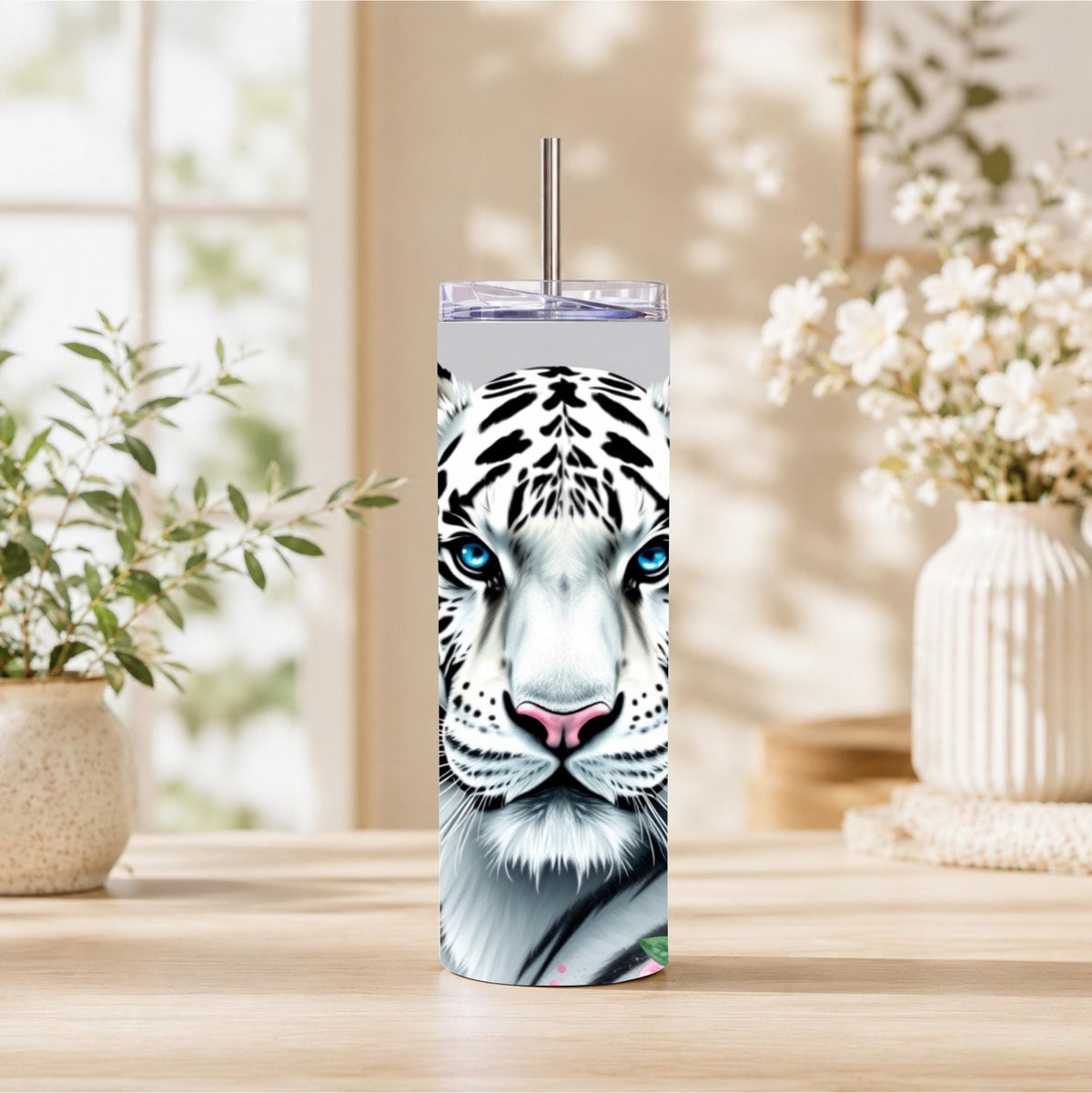 White Tiger Floral Skinny Tumbler | 20oz Travel Mug, Pink Hibiscus, Blue Eyes