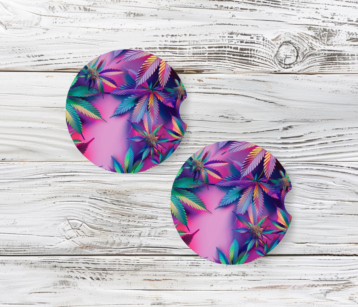 Vibrant Cannabis Leaf Neoprene Car Coasters 2-Pack | Ready to Ship Psychedelic Cup Holder Mats | Pink Purple Stoner Vehicle Accessories Gift