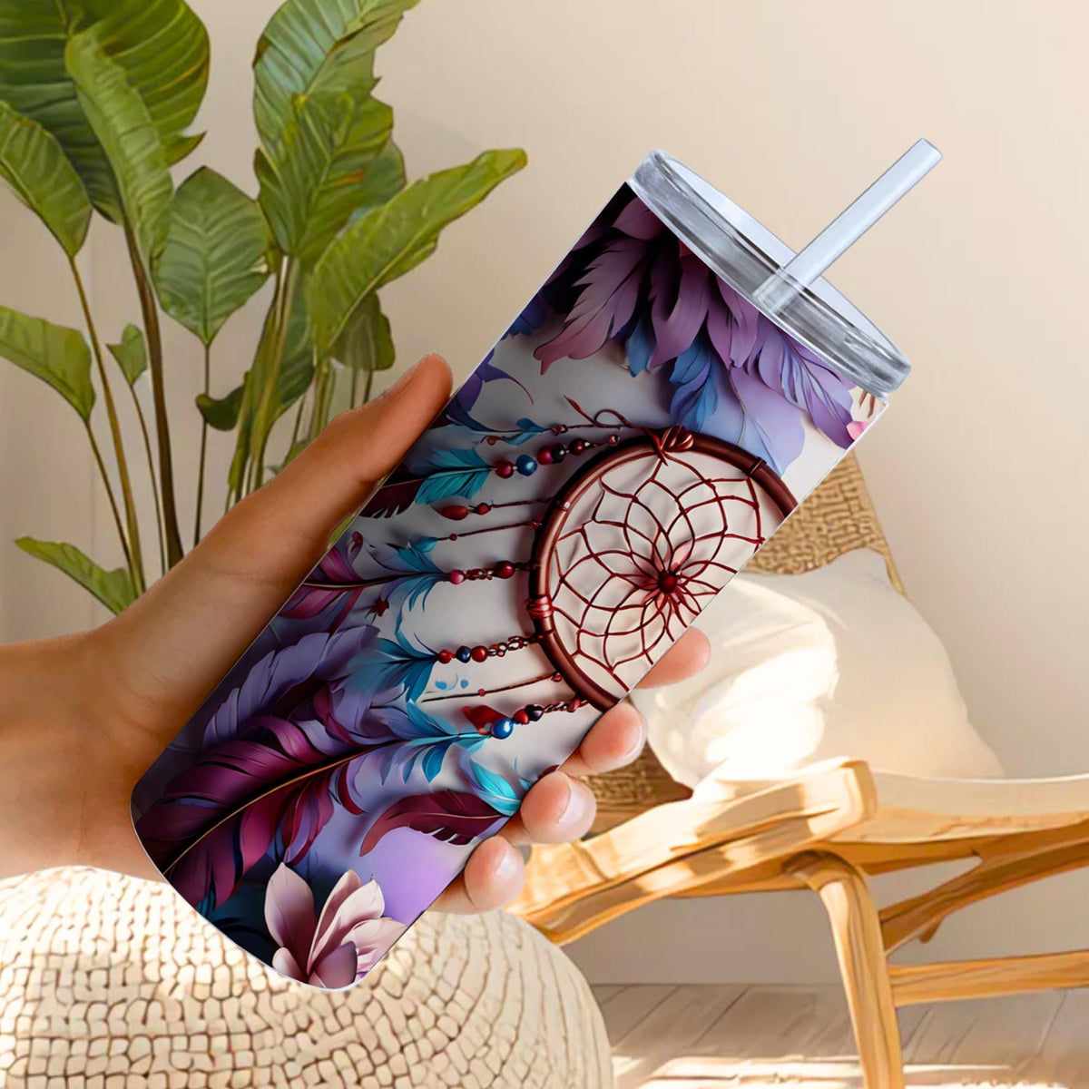 3D Dreamcatcher Floral Tumbler | Purple Teal Boho Travel Mug (20oz)