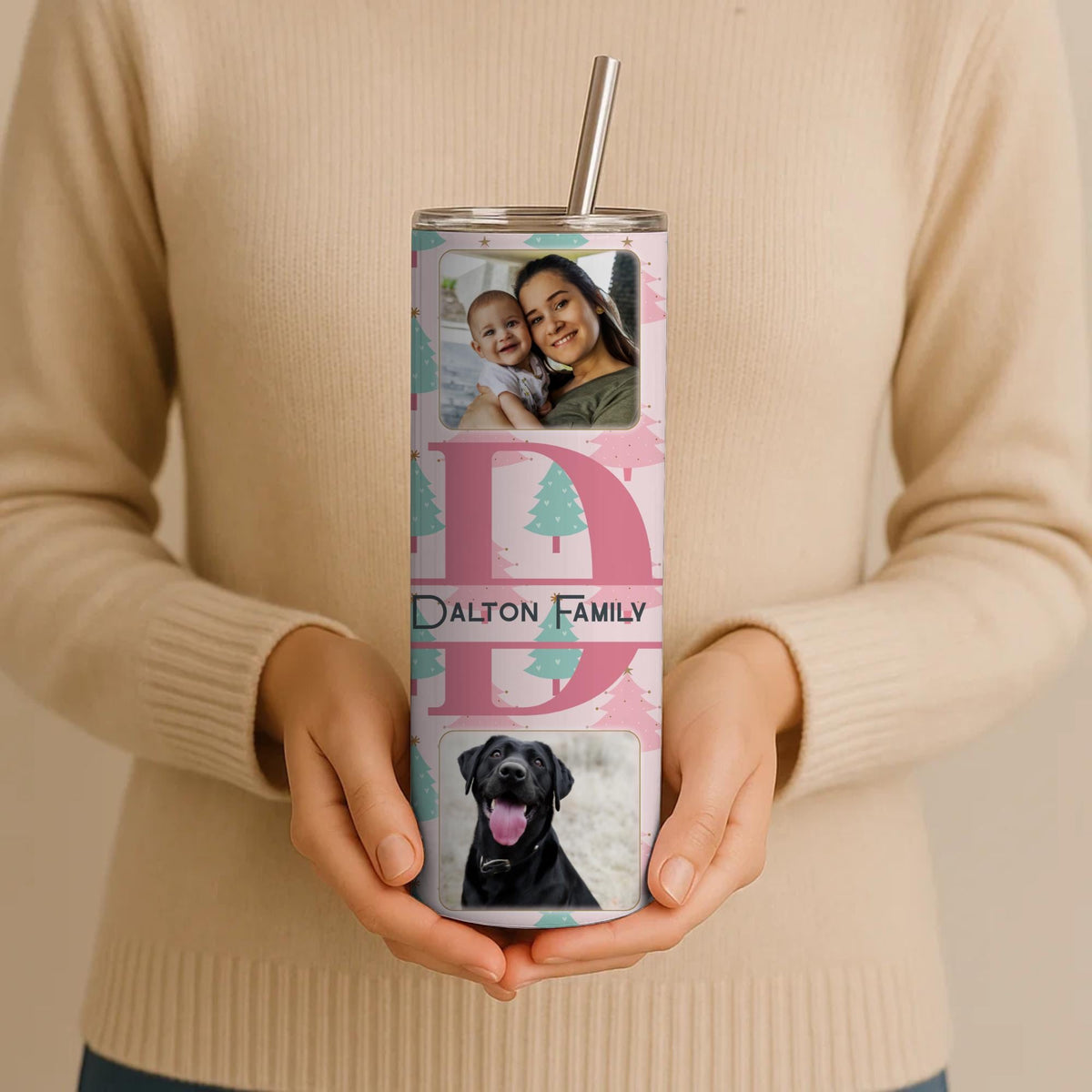 Personalized Family Photo Tumbler | 20oz Skinny Travel Mug with Split Monogram
