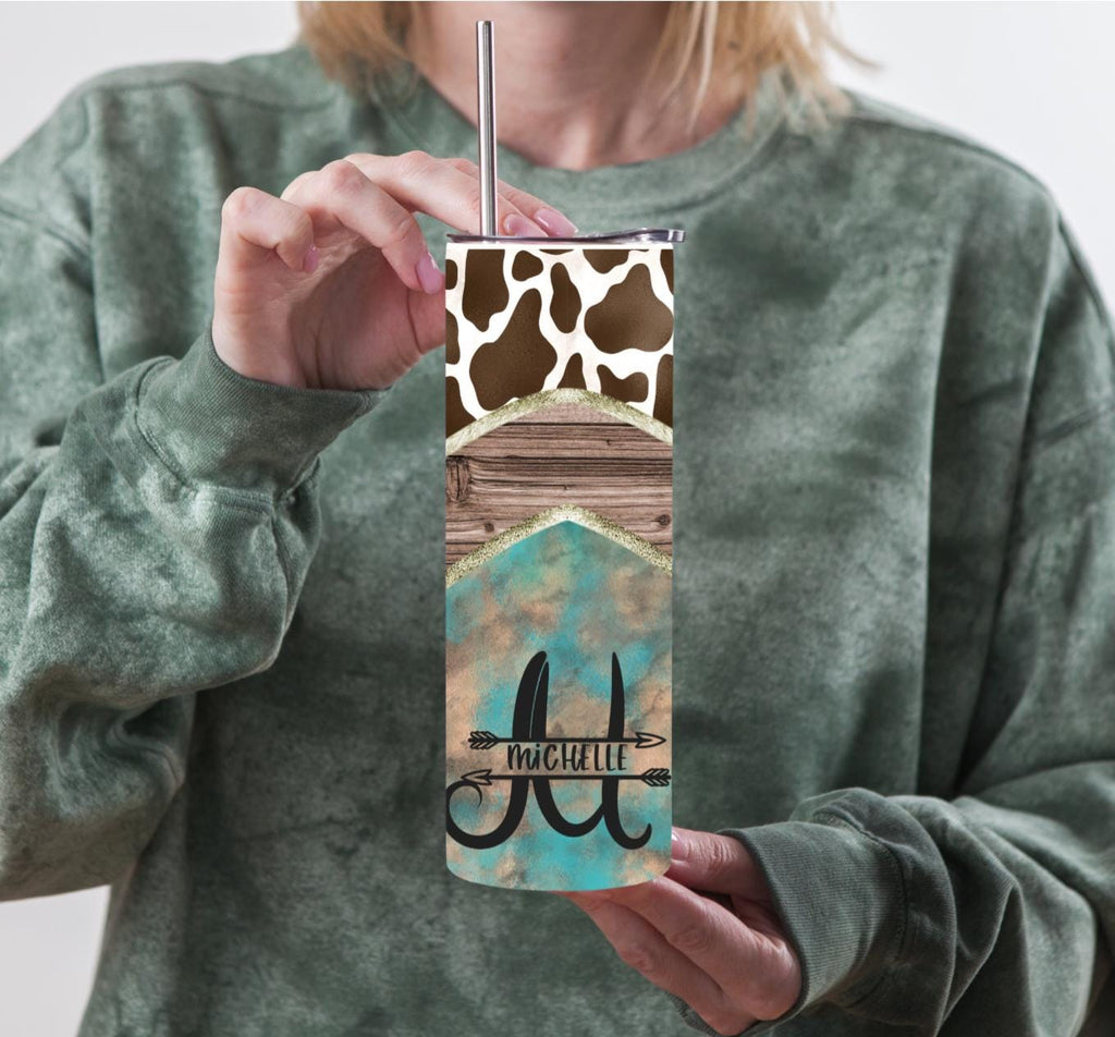 Personalized Western Cow Print 20oz Skinny Tumbler with Name