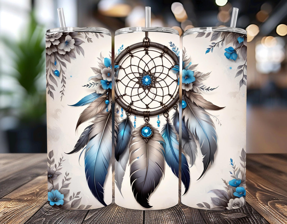 Dreamcatcher Sublimation 20oz Skinny Tumbler  Boho Blue Feather Travel Mug Gift for Her