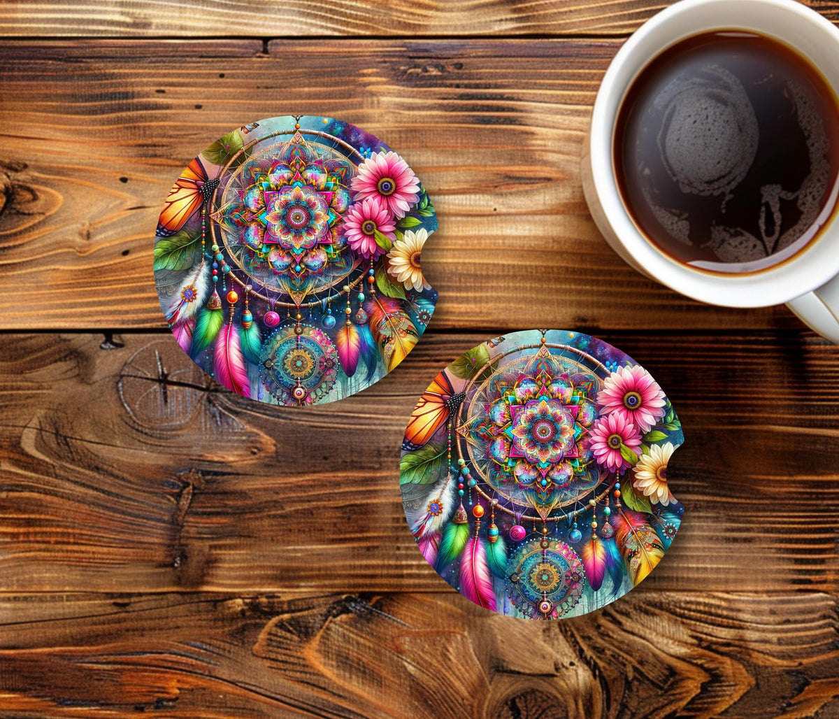 Dreamcatcher Mandala Car Coasters | Boho Feather Cup Holder Mats (2-Pack)