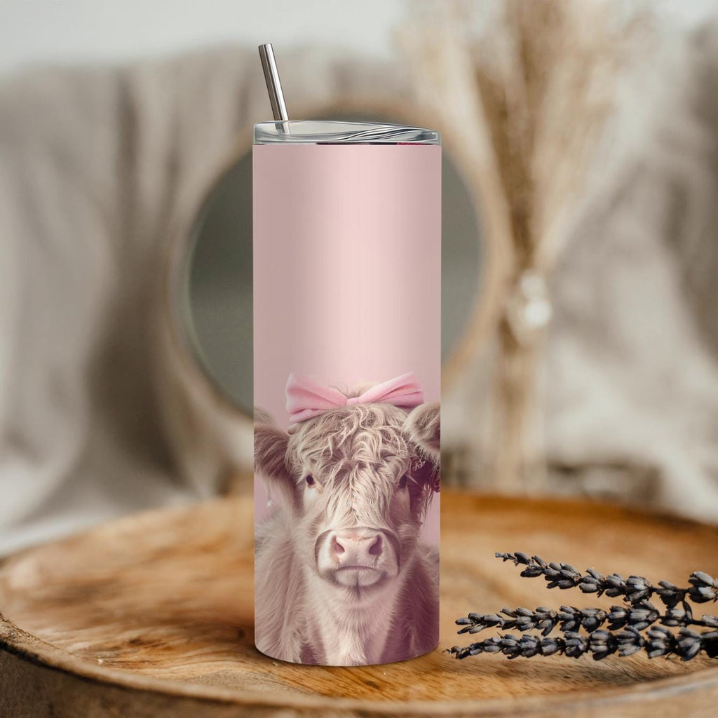 Coquette Highland Cow Skinny Tumbler | Pink Bow Baby Calf Travel Mug (20oz)