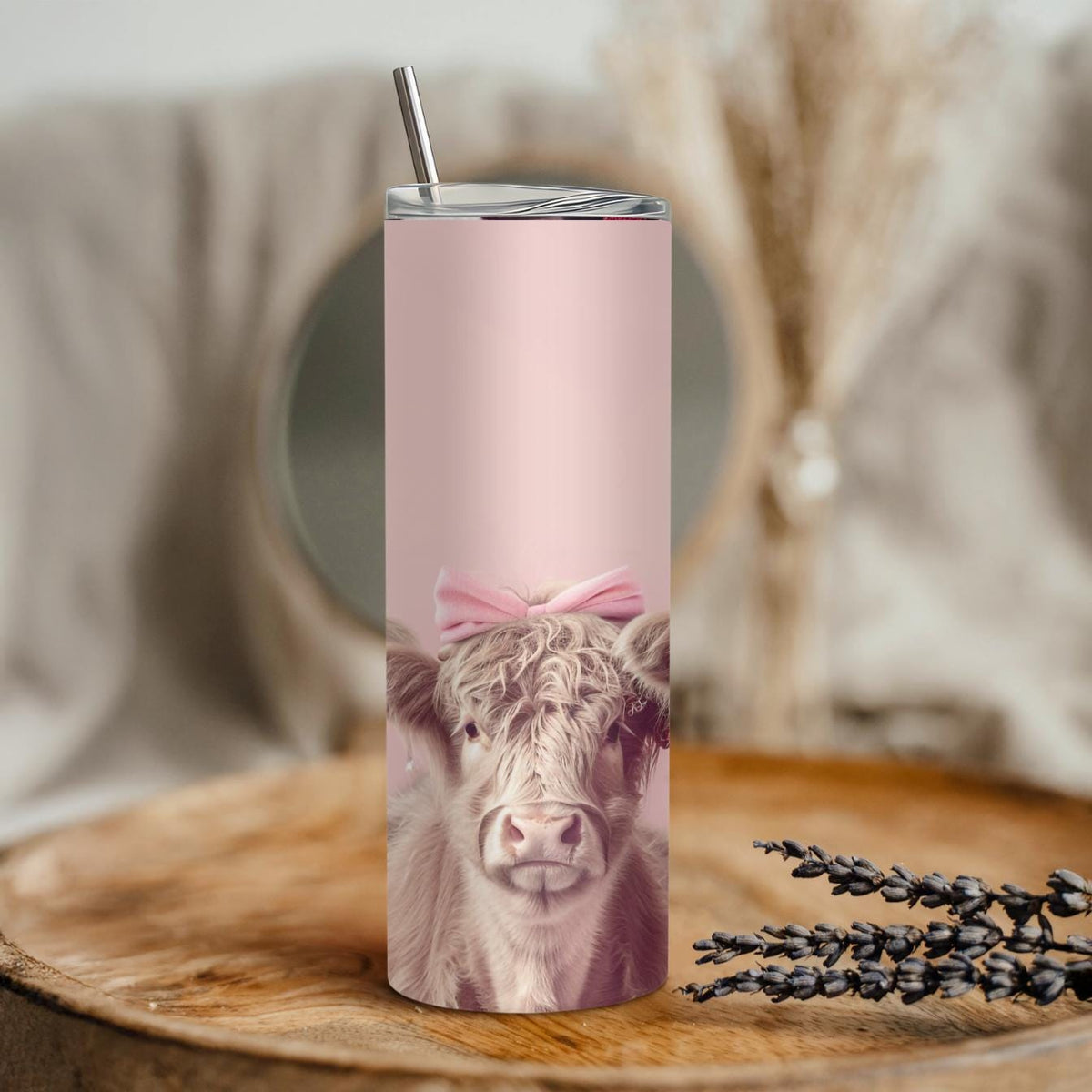 Coquette Highland Cow Skinny Tumbler | Pink Bow Baby Calf Travel Mug (20oz)