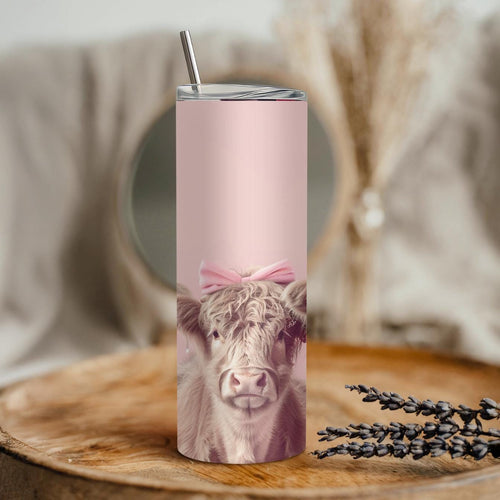 Coquette Highland Cow Skinny Tumbler | Pink Bow Baby Calf Travel Mug (20oz)